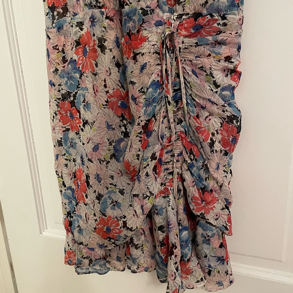 Veronica Beard Dakota Ruched Floral Print Silk Dress 4 Mini Blue Red Ruffle - Picture 3 of 4